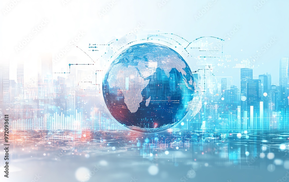 Aufkleber infographic design with globe, financial trends and statistical data, dynamic graphs on light blue a
