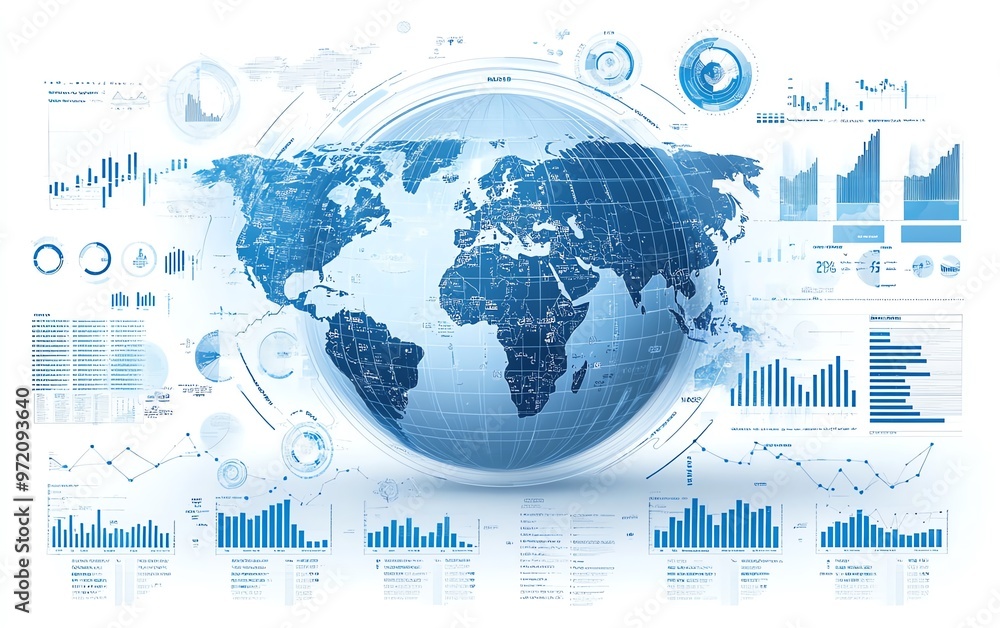 Poster Infographic design with globe, financial trends and statistical data, dynamic graphs on light blue and white background, representing global finance
