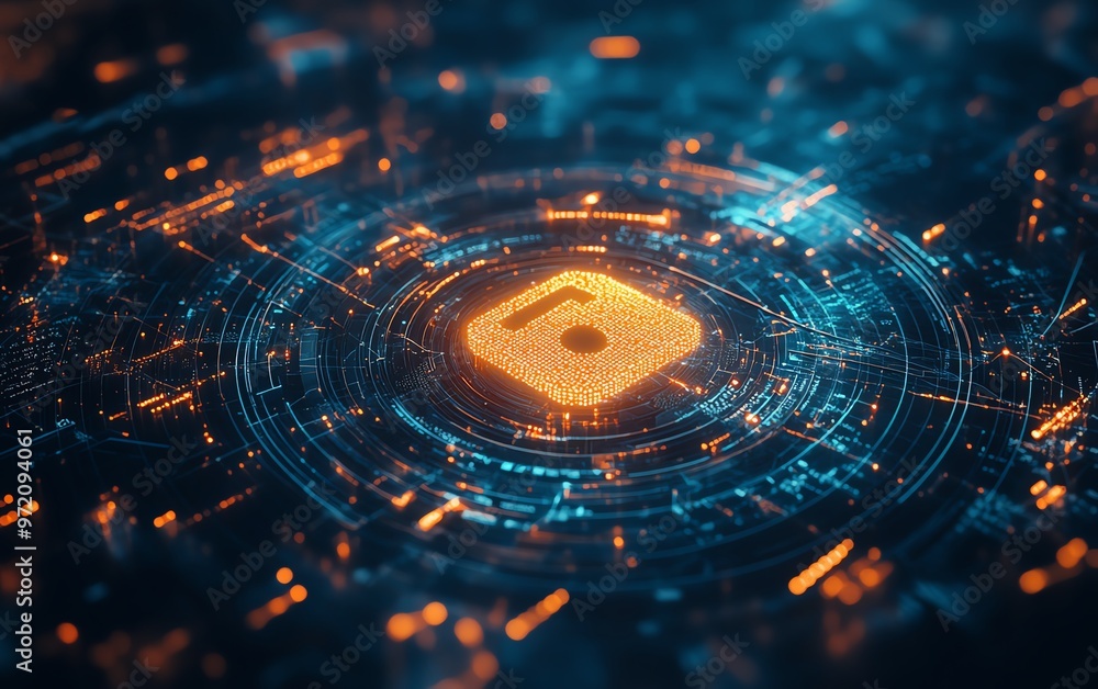 Leinwandbilder Abstract cyber security concept, glowing padlock icon in center, network data streams, dynamic lines on light blue background, futuristic style