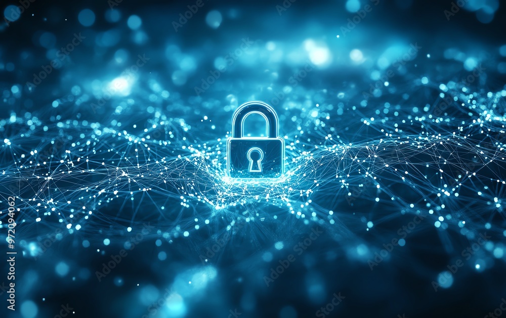 Aufkleber Abstract cyber security concept, glowing padlock icon in center, network data streams, dynamic lines on light blue background, futuristic style