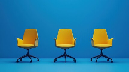 Three Yellow Office Chairs Against a Blue Wall