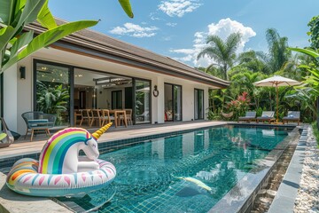 Modern Villa Backyard in Phuket with Inflatable Unicorn, Pool, Dining Table, and Lush Green Plants