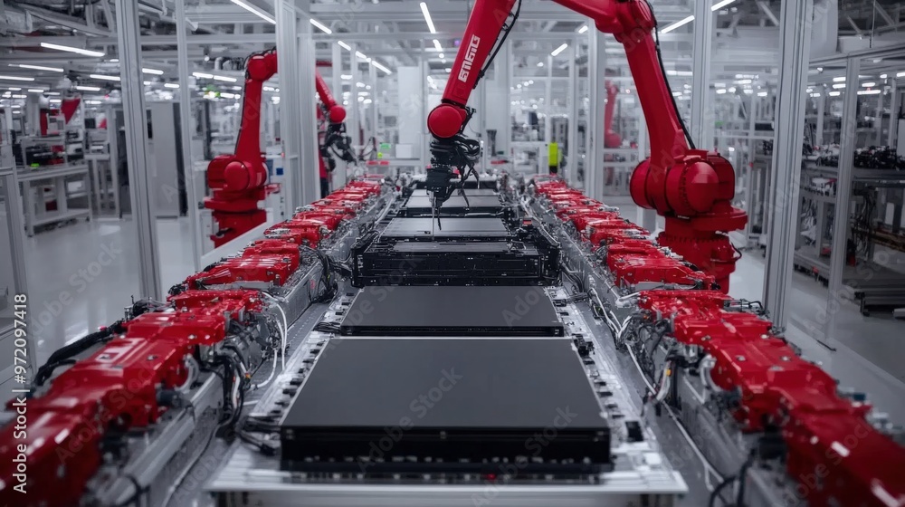 Poster a high-tech factory featuring robotic arms assembling components on a modern production line, showca