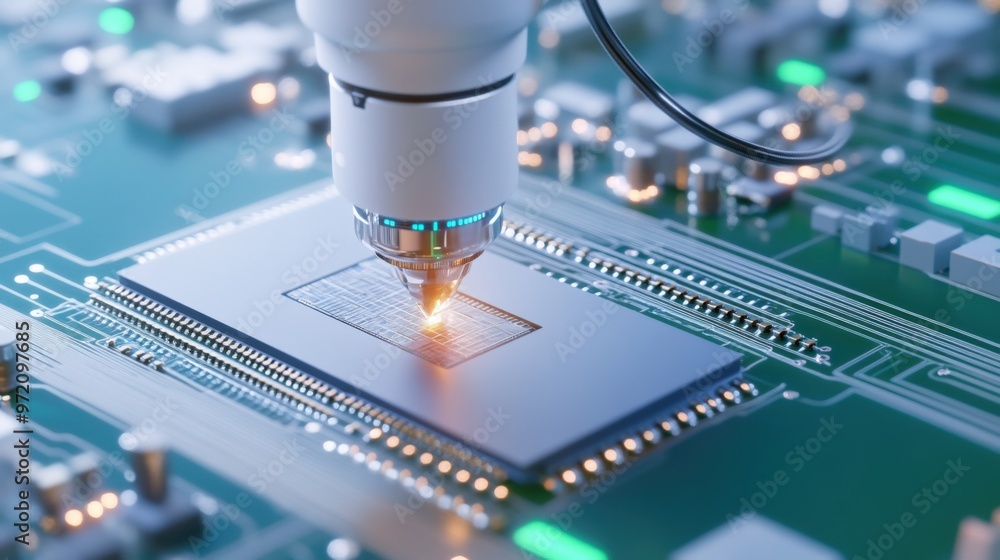 Poster a close-up view of a laser engraving process on a microchip, showcasing advanced technology and prec