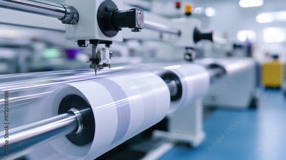 Poster close-up of a high-tech printing machine working on a roll of paper in a modern production facility.