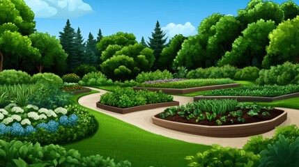 Obraz premium A cartoon garden with a path leading to the center of it, AI