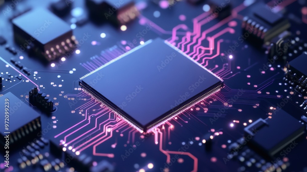 Poster close-up of a modern microchip on a circuit board showcasing intricate designs and glowing connectio