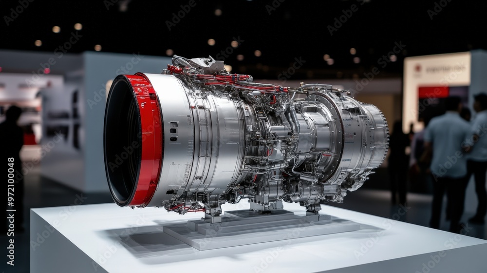 Poster a detailed view of a model jet engine showcasing advanced engineering and design in a modern exhibit