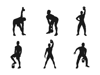 Strong man training with heavy kettlebell, lifting it up with hand. Set silhouette muscular man holding kettle bell. Black silhouette of man holding kettlebell isolated on white background.