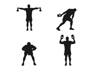 Strong man training with heavy kettlebell, lifting it up with hand. Set silhouette muscular man holding kettle bell. Black silhouette of man holding kettlebell isolated on white background.