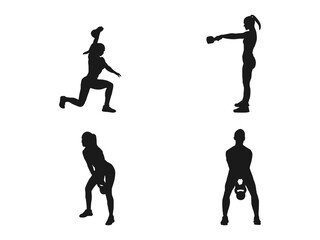 Strong woman training with heavy kettlebell, lifting it up with hand. Set silhouette muscular Woman holding kettle bell. Black silhouette of kettlebell isolated on white background.