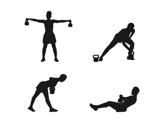 Strong woman training with heavy kettlebell, lifting it up with hand. Set silhouette muscular Woman holding kettle bell. Black silhouette of kettlebell isolated on white background.