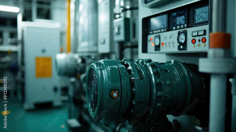 Poster close-up of industrial machinery showcasing intricate components and controls in a modern factory en