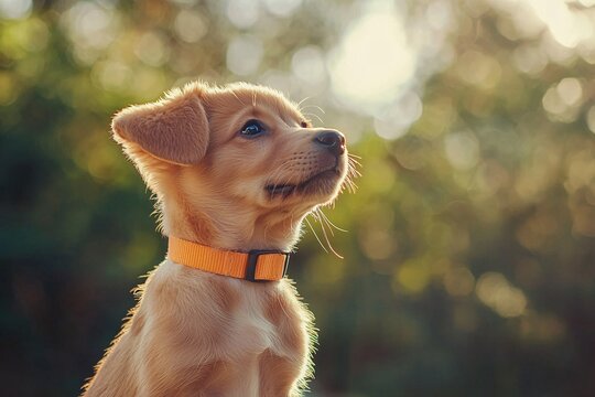 A cheerful puppy in a colorful collar lounges in a sunlit park, eagerly attracting the attention of future companions.