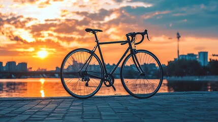 Naklejka premium A stylish bicycle leans against a contemporary cityscape, highlighting its innovative features and appealing to cycling fans.