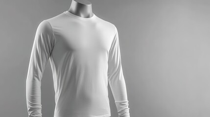 White long-sleeve t-shirt displayed on a full torso mannequin, showcasing a classic and versatile garment in a clean, detailed setting. Ideal for highlighting apparel design and fashion presentation.