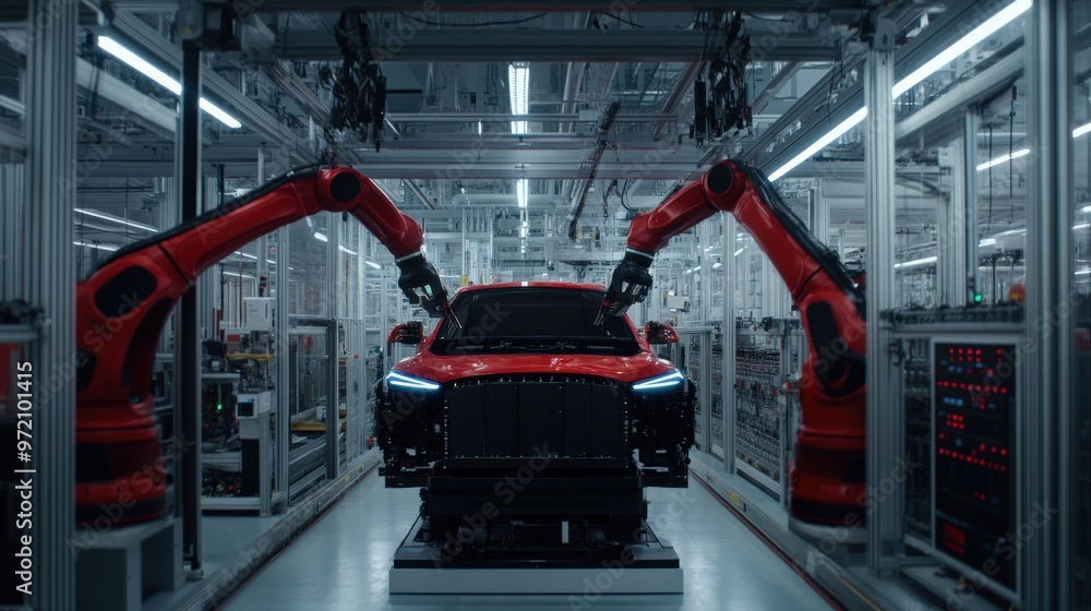 Poster a high-tech factory scene with robotic arms assembling a sleek red car, showcasing advanced automati
