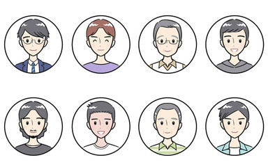 様々な年代の大人男性　ポジティブな表情　丸いアイコンセット　ホワイト