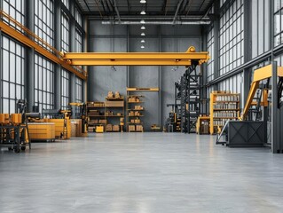 Open factory floor with industrial machines, high ceilings, exposed pipes, spacious layout with natural light