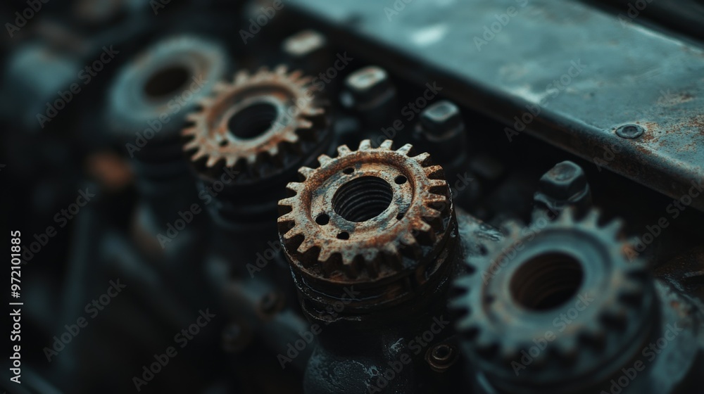 Poster close-up of old, rusty gears on an engine, showcasing intricate details and textures in a mechanical