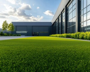 Obraz premium Wide-angle shot of a modern factory, spacious layout, steel and glass exterior, surrounded by green open spaces