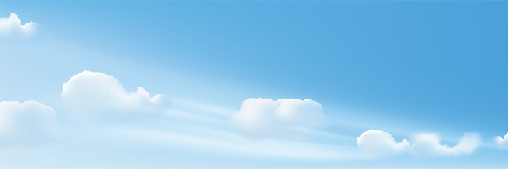 Sky background wide. Realistic white clouds. Summer blue sky banner. Light cloudy texture. Sunny day concept. Vector illustration
