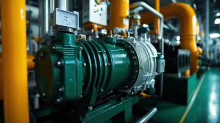 Fototapeta premium Close-up of an industrial pump with green body and yellow pipes in a modern factory setting, showcasing engineering and technology.