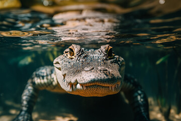 Fototapeta premium Crocodile lurking just below the water's surface in a river