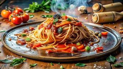 A heap of limp spaghetti sits on a stained plate, congealed sauce clinging to its sides, surrounded by wilted vegetables.