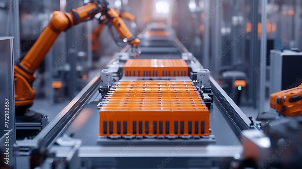 Poster automated battery assembly line in a factory