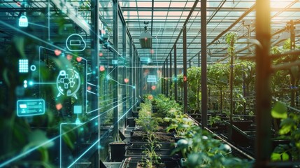 Indoor Greenhouse with Virtual Plant Monitoring System.&nbsp;Concept of high&nbsp;-&nbsp;tech farming and indoor agriculture.&nbsp;Uses:&nbsp;smart farming,&nbsp;greenhouse technology,&nbsp;agricultural innovation