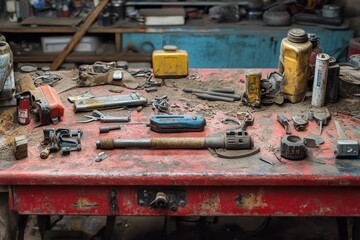 Scattered Tools and Containers on a Dusty Red Workbench