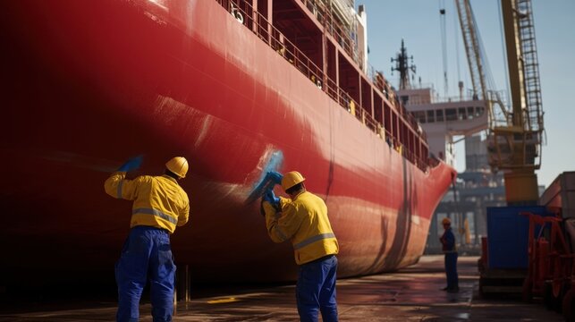 Workers maintain and paint the hull of a large red cargo ship in a shipyard, showcasing maritime industry and labor.