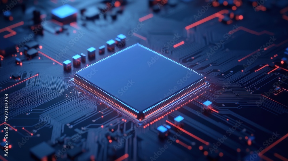 Poster close-up of a modern microprocessor on a circuit board with glowing accents, showcasing advanced tec