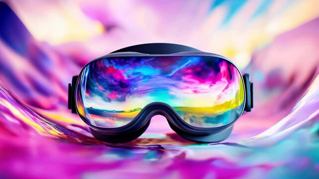 Colorful ski goggles resting on vibrant abstract background in a winter landscape showcasing mountains and a bright sky at sunset