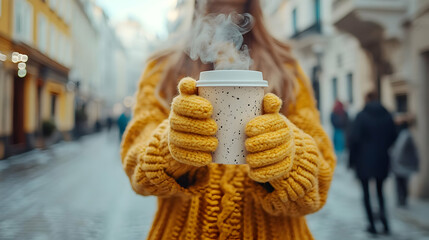 Obraz premium Woman in Yellow Sweater Holding Hot Coffee in Winter City