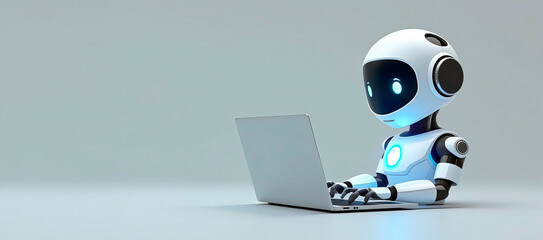 Robot chat bot is using computer laptop, copy space for text, banner. Digital background, futuristic smart technology concept, control by artificial intelligence