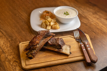 Beef rib, fried yucca, grilled meat, main dish