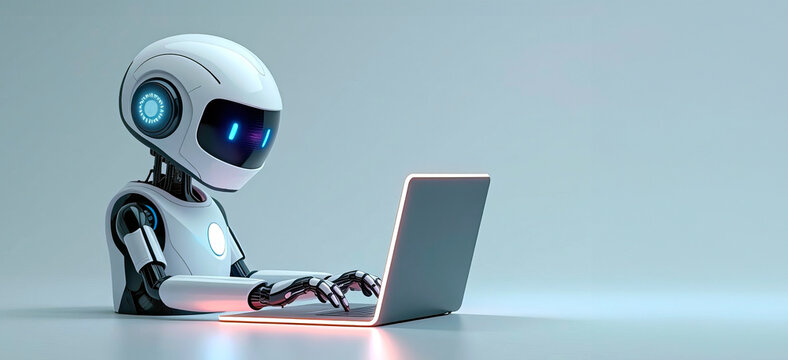 Robot chat bot is using computer laptop, copy space for text, banner. Digital background, futuristic smart technology concept, control by artificial intelligence