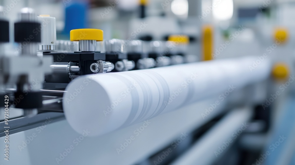 Poster close-up of a production line with white cylindrical items moving on a conveyor system in a modern f