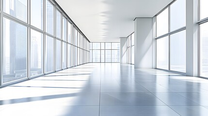 Empty Modern Office Corridor with Large Windows and City View