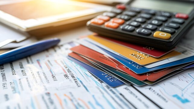 A collection of credit cards alongside financial papers and a calculator illustrates the essence of managing personal finances.