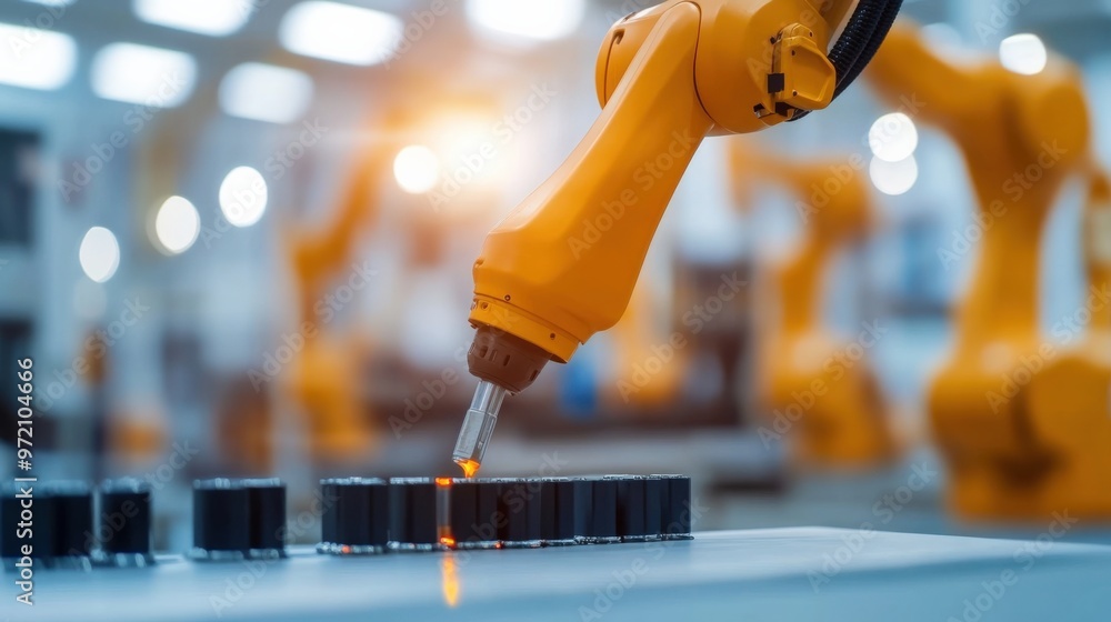 Poster an advanced robotic arm performing precision tasks in a modern manufacturing facility, showcasing au