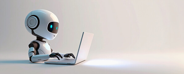 Robot chat bot is using computer laptop, copy space for text, banner. Digital background, futuristic smart technology concept, control by artificial intelligence