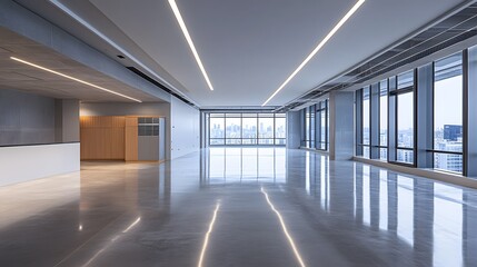 Obraz premium Modern Office Interior with City View and Reflective Floor