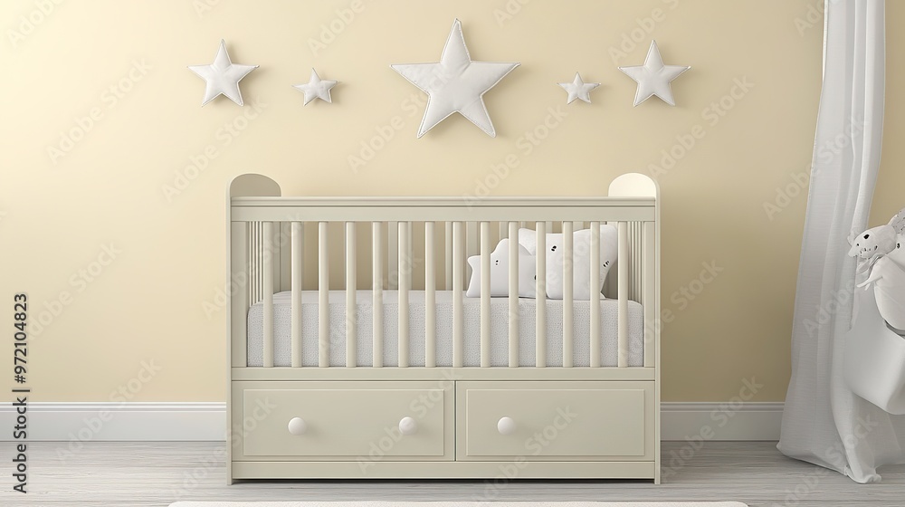 Wall mural modern children’s room interior with mockup wall on cream color background, featuring a spacious and