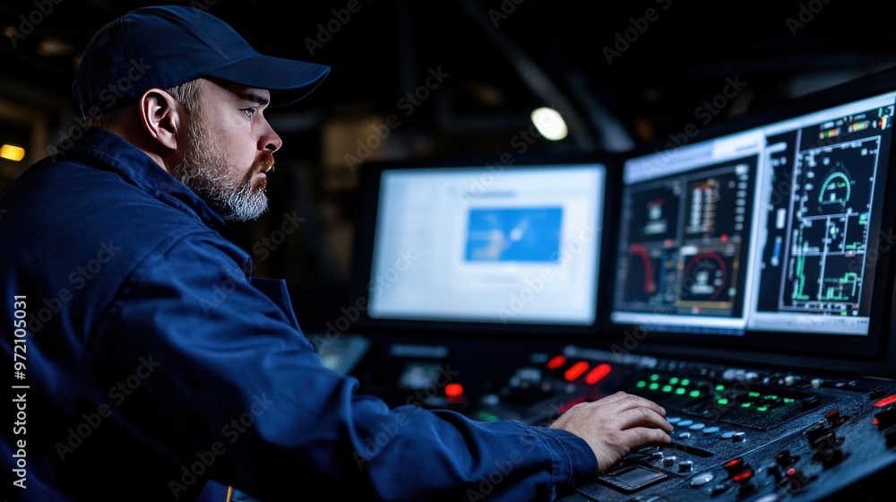 Poster engineer operating control panel in a modern facility, focused on data analysis and monitoring equip
