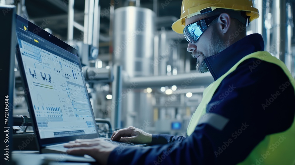 Poster a focused engineer wearing a hard hat and safety goggles works on a computer in an industrial settin