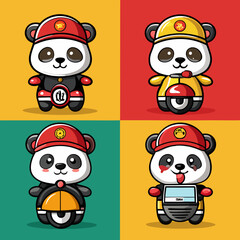 Four different cartoon-style logo designs of a panda pizza delivery boy wearing a yellow hat and a red t-shirt, holding a whole round thin steamed Chinese bun, and wearing white gloves on a scooter, 