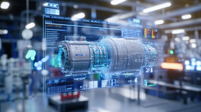 Futuristic digital display of a jet engine in a high-tech manufacturing facility, showcasing advanced technology and engineering.